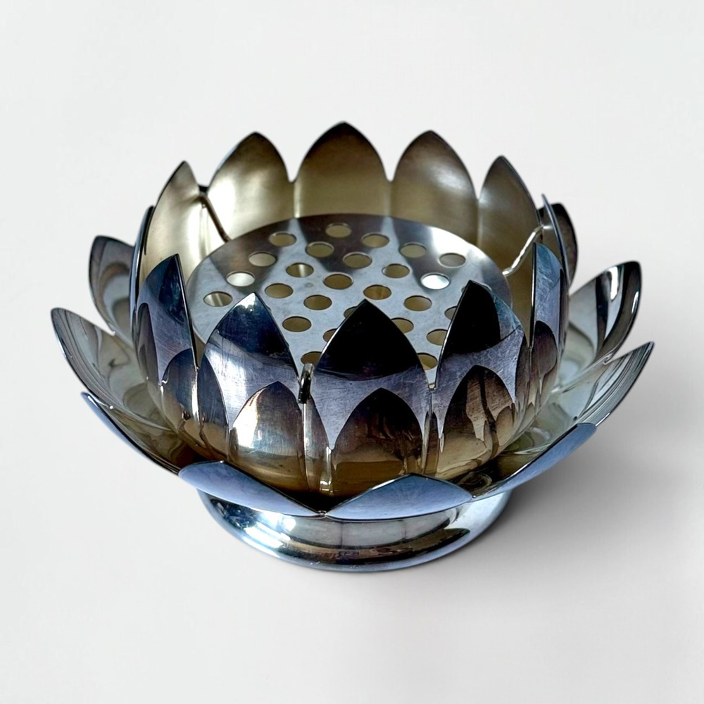 Vintage Silver Plated Lotus Flower Frog 3 Piece Modular Floral Bowl Set